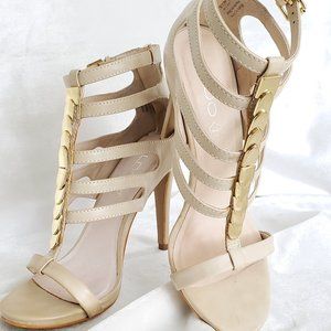ALDO Nude Strappy Leather Heels with Gold Accents